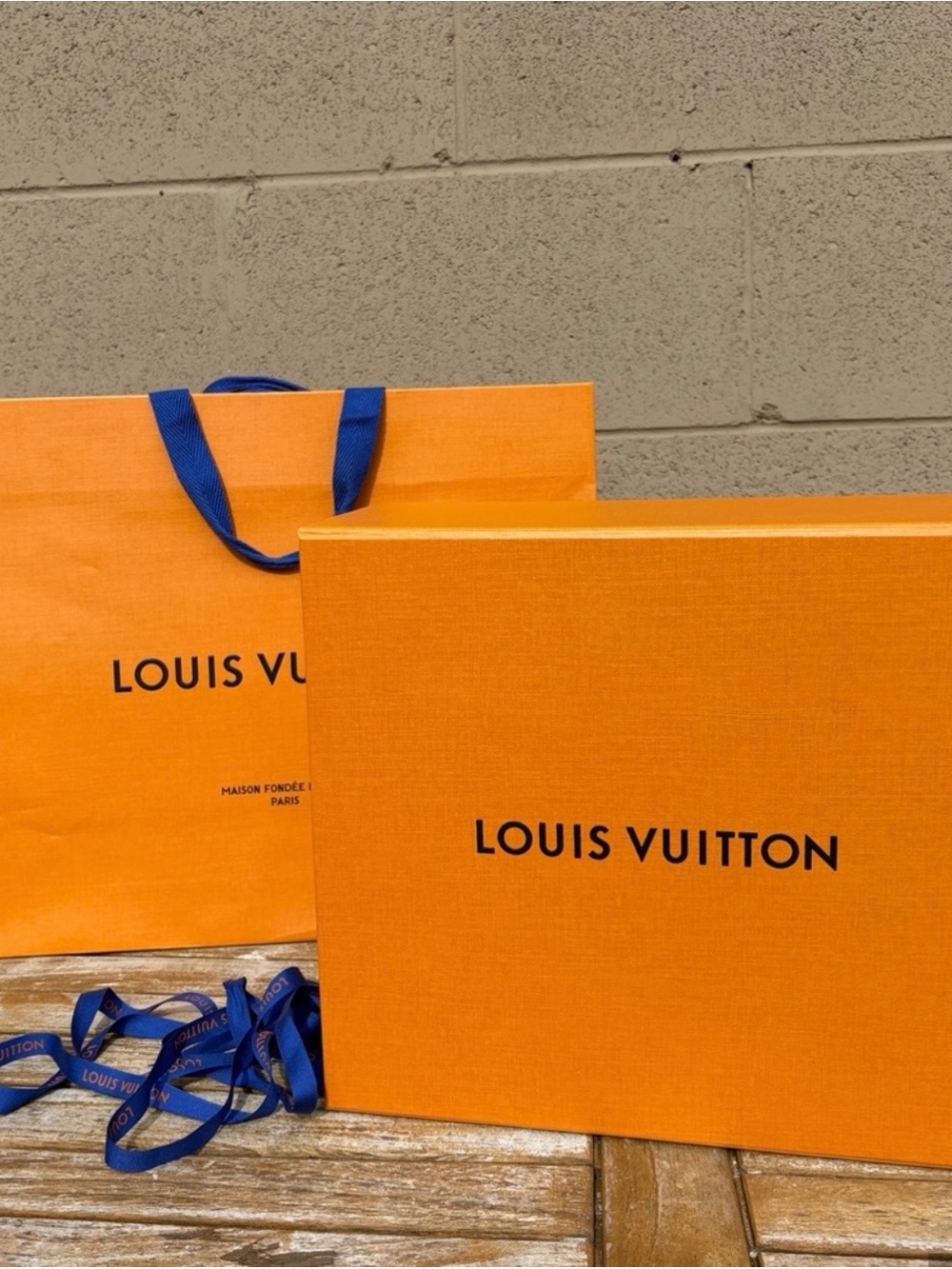 Louis Vuitton Orange Box and Blue Ribbon Gift Box + Bag with receipt envelope